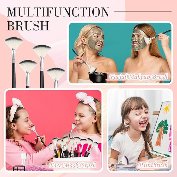 Ziliny 12 Pcs Soft Facial Fan Brush Blush Makeup Brush Face Mask Acid Applicator Multi Use Cosmetic Tools for Peel Mask Makeup for Mud Cream(Black Silver)