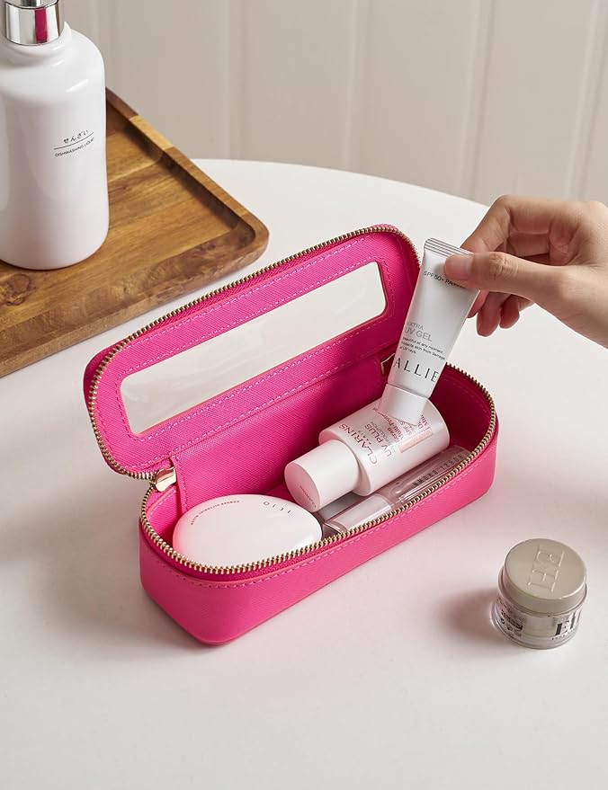 Popvibe Slim Makeup Brush Bag Travel Clear Toiletry Bag for Women Cute Make Up Bag for Traveling Cosmetic Bag Organizer Waterproof Tansparent Beauty Makeup Case Hot Pink
