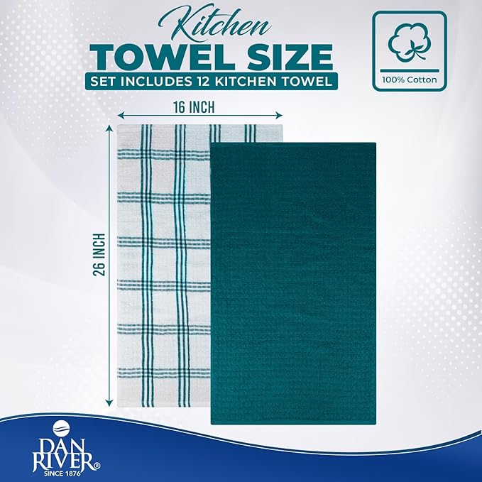 DAN RIVER Premium Kitchen Towels - [Pack of 12] 100% Cotton (16x 26 Inches) -Super Soft,Highly Absorbent, Quick Dry, Dish Towels for Kitchen Towels -Teal