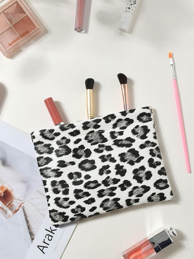 Ksriylm Leopard Leather Small Makeup Pouch for Women,Cosmetic Accessories,Waterproof and Portable Cosmetic Bag,Self-closing, No Zipper, Aesthetic Storage Pouch,Lipstick for Purse,White Black