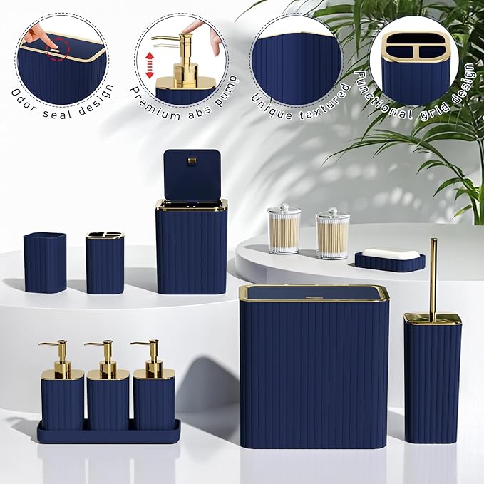InnJoey Bathroom Accessory Set - Bathroom Set, 12PC Bathroom Accessories Set, Navy Blue Bathroom Accessories Set, Mini Trash Can, Toilet Brush, Trash Can & Soap Dispenser