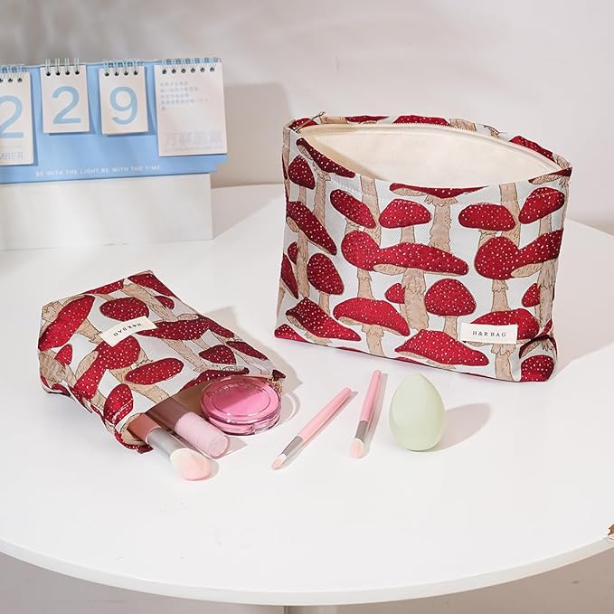 BOCGRPU 2 Pcs Makeup Bags for Purse, Large Cute Cosmetic Bag Travel Toiletry Bag Organizer for Women, Embroidery Craft Mushroom Makeup Bag Small Cosmetic Pouch Purse with Zipper (Red Mushroom)