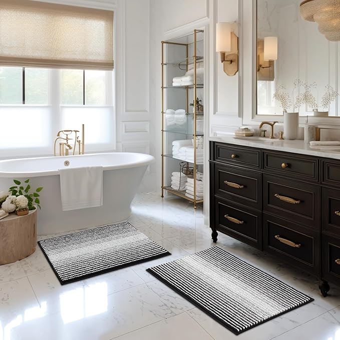 BSICPRO Bathroom Rugs and Mats Sets, 2 Piece Thick Absorbent Chenille Bath Mat Set Non Slip, Soft Shaggy Bath Room Floor Mats, Machine Washable (20" x 32" Plus 16" x 24", Black)