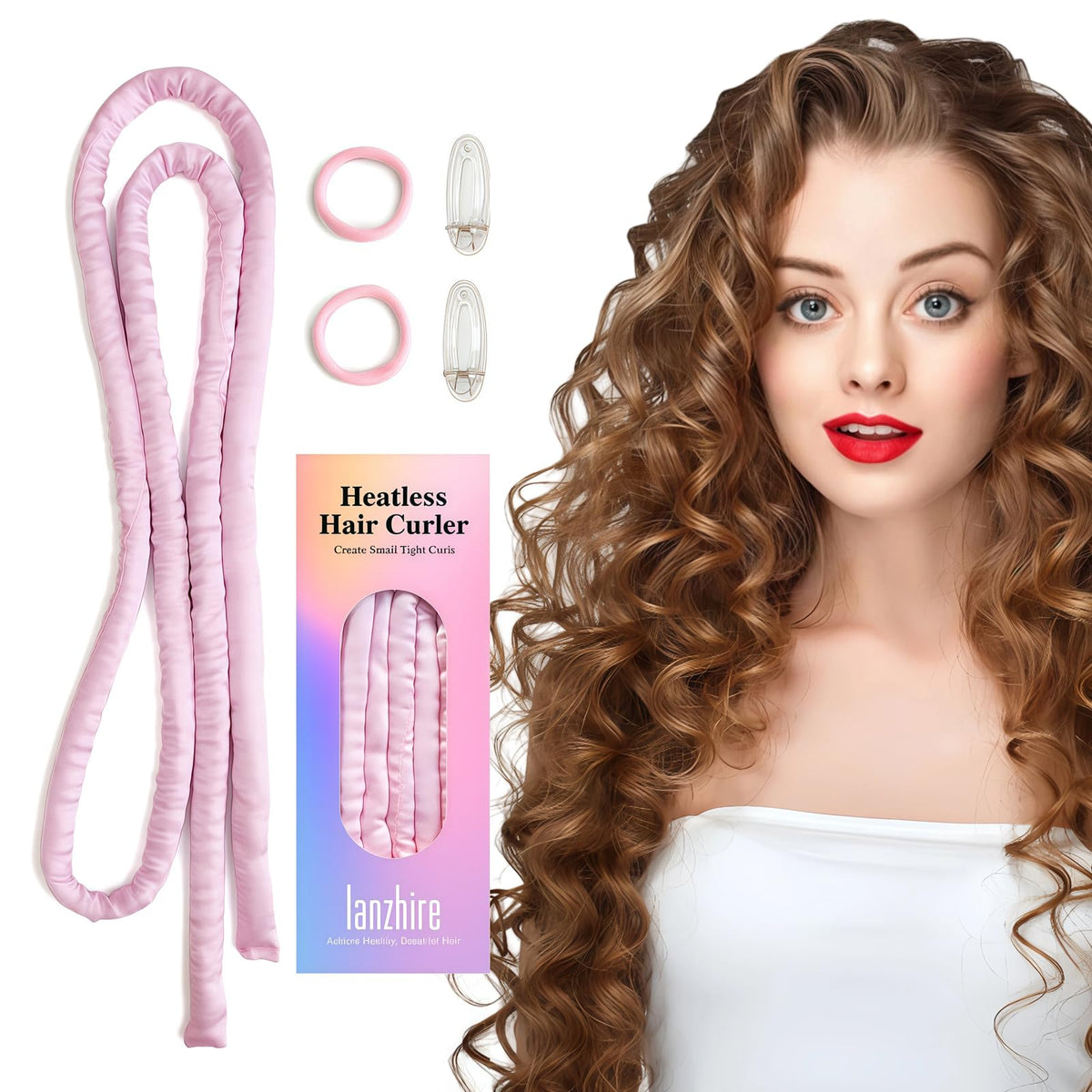 Lanzhire No Heat Curling Headband for Overnight Curls, Thin Heatless Curlers for Long and Short Hair (A-Pink)