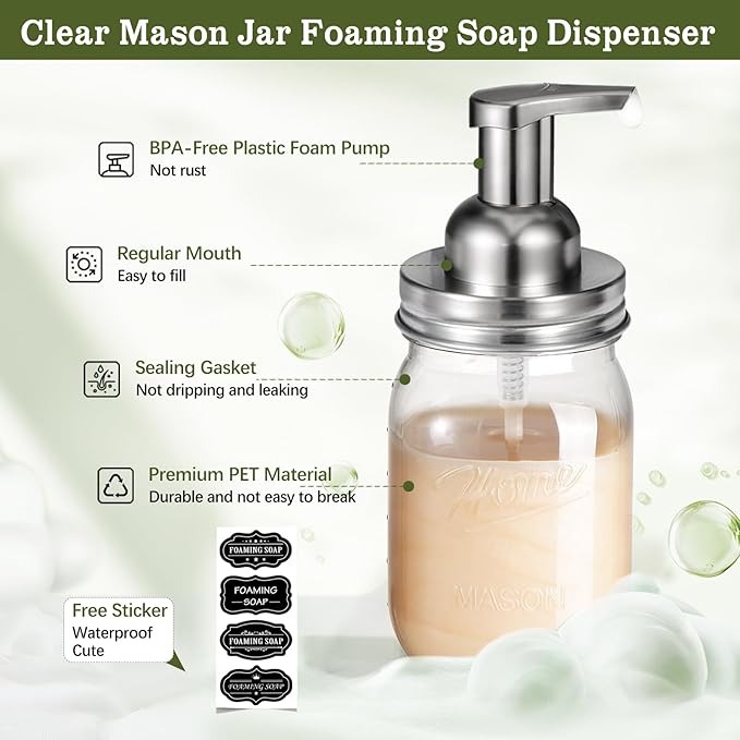 Amolliar Plastic Mason Jar Foaming Soap Dispenser with Pump Lid,16OZ Refillable Hand Soap Dispenser Set with Cute Lables - Farmhouse Decor for Kitchen/Bathroom, Lotion Dish Soap (2 Pack, Silver)