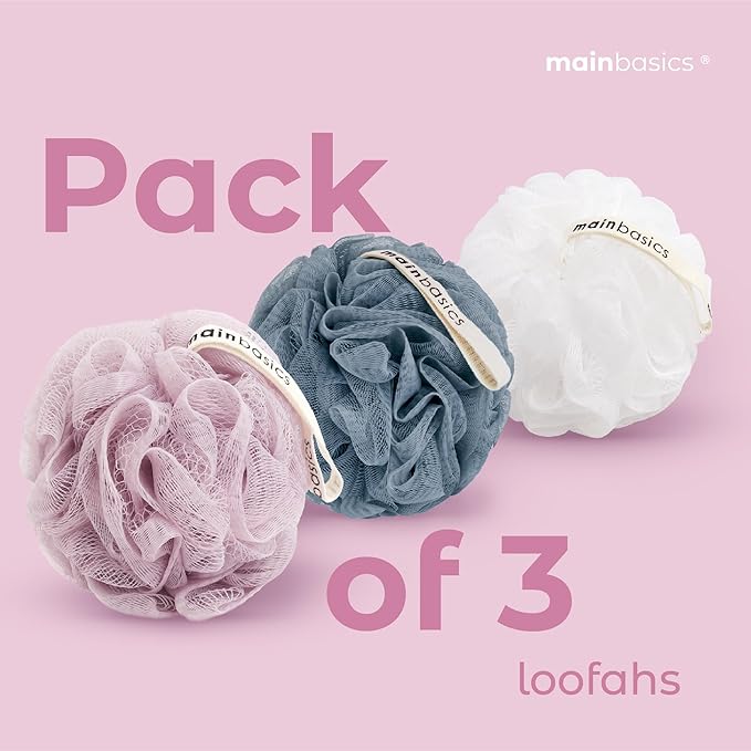 MainBasics Shower Loofah Sponge Pouf, Set of 3, Airy Blossom