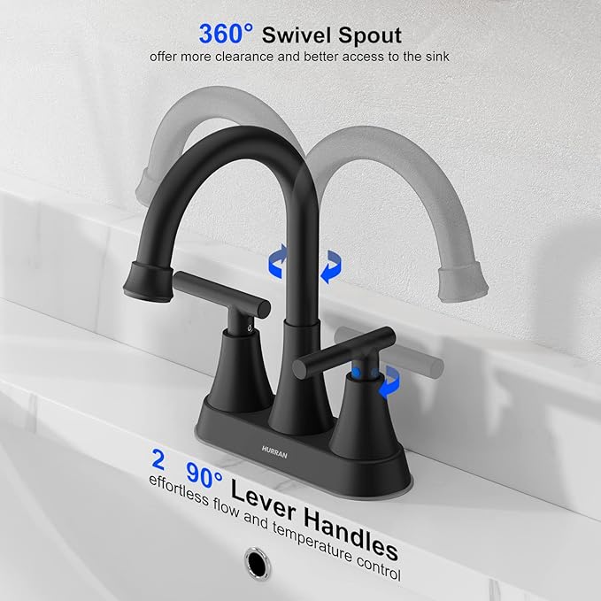 Bathroom Faucets for Sink 3 Hole, Hurran 4 inch Matte Black Bathroom Sink Faucet with Pop-up Drain and 2 Supply Hoses, Stainless Steel Lead-Free Centerset Faucet for Vanity RV, 2 Pack