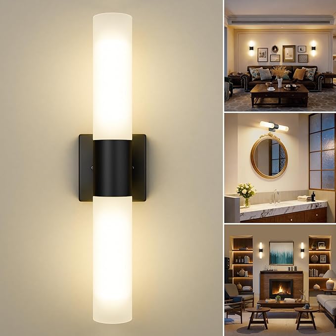 Kalium Modern 21" Bathroom Vanity Wall Sconce, Frosted Glass, Black