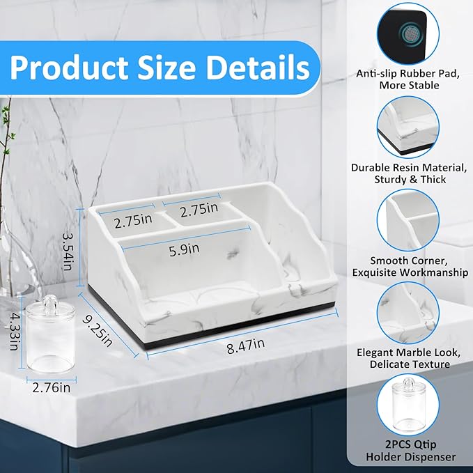 Bathroom Counter Organizer, White Marble Toothbrush Holders for Bathrooms with 2PCS Qtip Holder, Bathroom Countertop Organizer Toothbrush and Toothpaste Holder for Makeup Organizer for Vanity