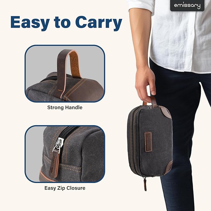 emissary Men's Canvas Travel Toiletry Bag, Leather Dopp Kit - Gray