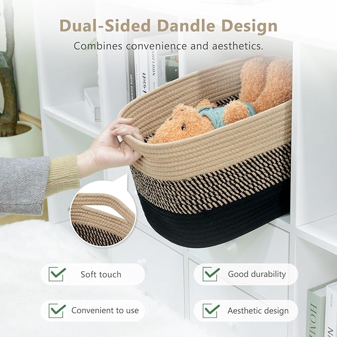 Cotton Rope Storage Basket, 15x10x9 Inches, Woven Basket for Shelves, Clothes, Towels, Books, and Laundry, Gradient Black/Brown (3 Pack)
