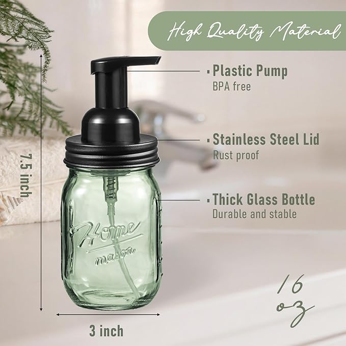 SheeChung 16Oz Mason Jar Foaming Soap Dispenser, Stainless Steel Lid, BPA Free Pump, Green Glass Foam Hand Soap Dispenser, Refillable Liquid Foam Dispenser Bottle for Bathroom Kitchen, Dish Soap-Black
