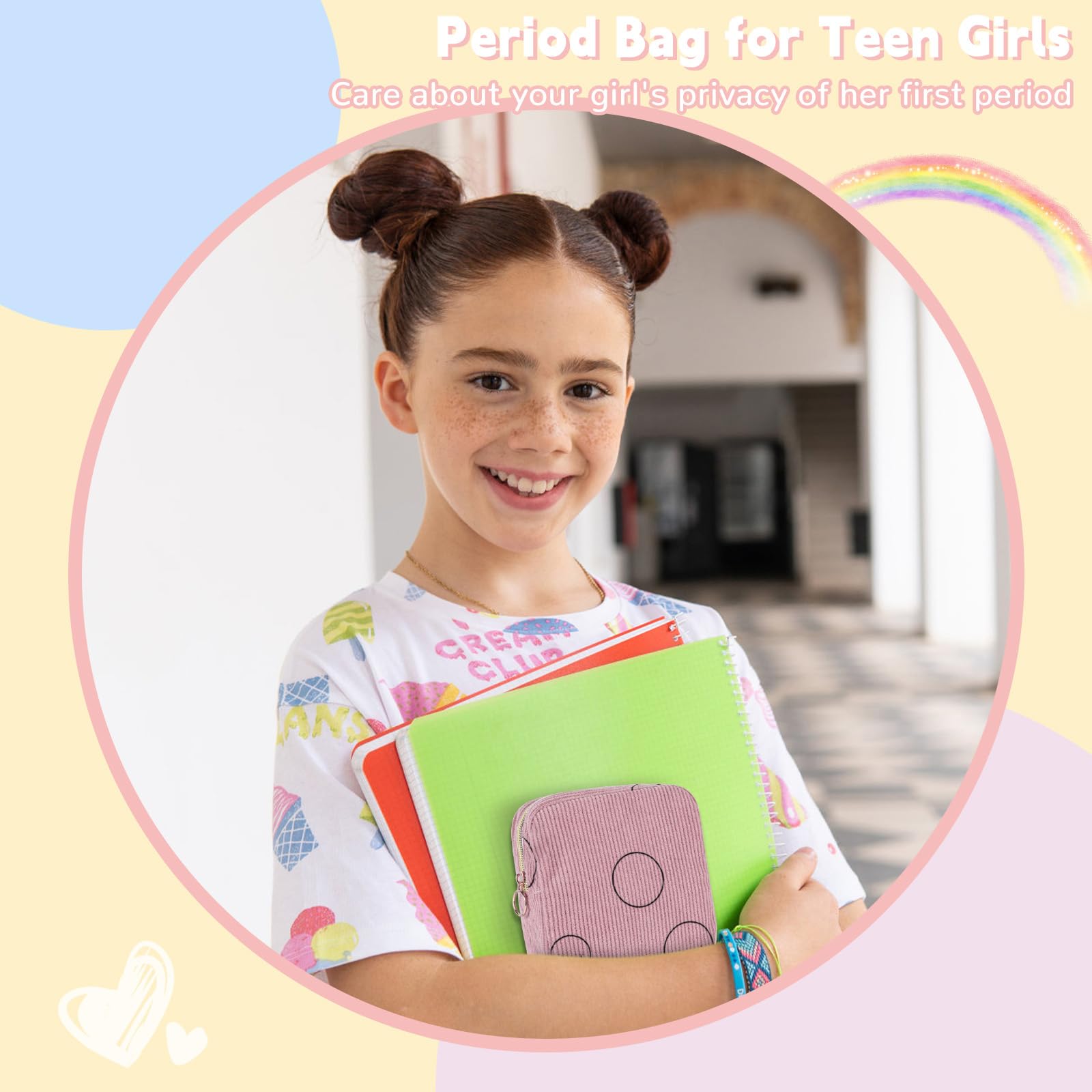 SIDESUGAR Period Bag for Teen Girls Shark Week Pouch Corduroy Portable Sanitary Pad Bags for Period Teen Period Pads Pouch for Panty Liners, Tampons, Menstrual Cup - Beige