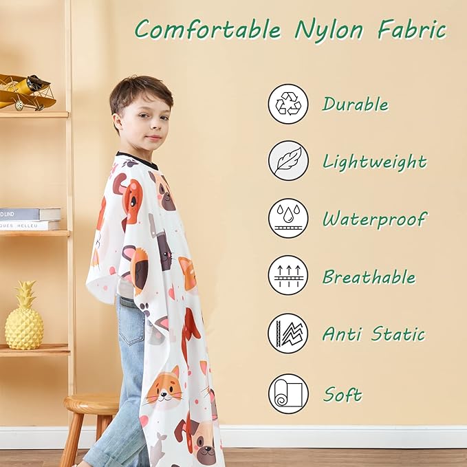 Barber Cape for Kids, Professional Hair Salon Cape with Adjustable Neck Strap, Shampoo Hair Cutting Cape for Salon and Home - 51 x 36 inches (Cartoon Dog & Cat Pattern)