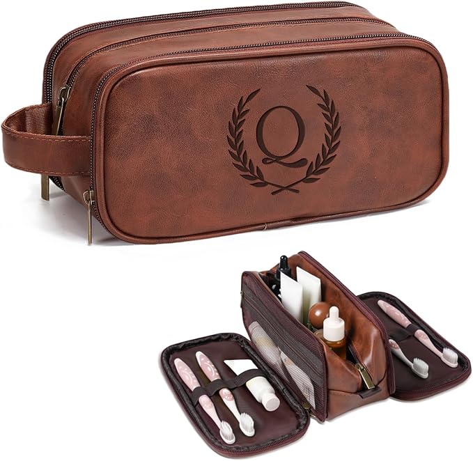 Janhavi Travel Essentials Toiletries Men, Personalized Initials & Wheat, Waterproof Make Up Bag, Men's Accessories Storage, Mens Travel Bag Toiletry, Birthday Gift Box Men(Medium, Red Brown, Q)