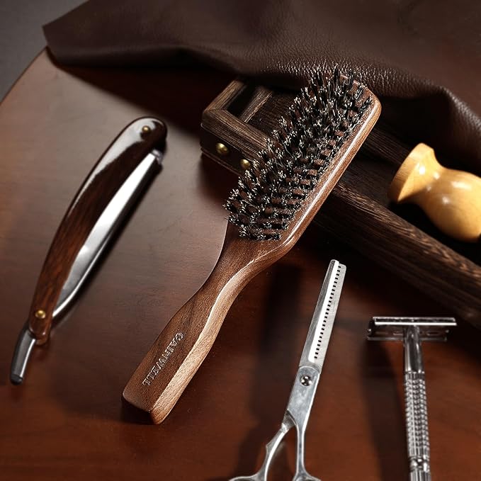 GAINWELL Mens Wild Boar Bristle Hair Brush for Men, Slick Back Hair Brush with Stiff Bristles for Thick & Thin Hair, Beard Brush Natural Black Walnut Wooden Handle Hairbrush