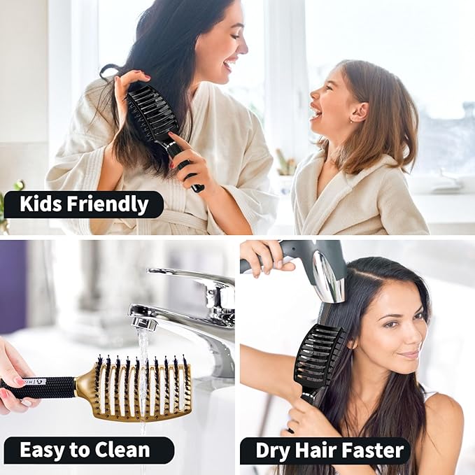 Boar Bristle Hair Brush Set of 2, HIPPIH Wet & Dry Hair Brushes Made by Fine Natural Boar Hair Can Adds Shine and Smoothing, Detangling Hairbrush for Women, Men & Kids' Long Curly Thick Hair