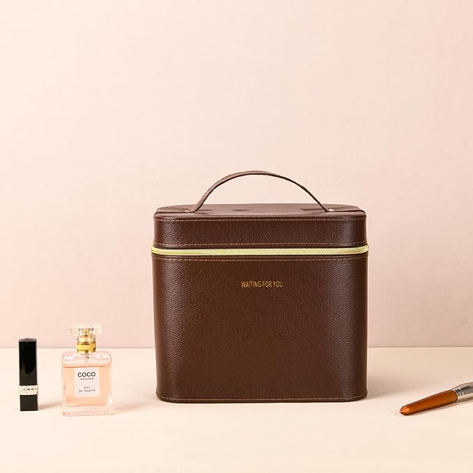 Sluxa Luxury Hard brown makeup box, Portable leather hard cosmetic case with mirror, Sturdy train case make up box for women adults. (Monolayer - Brown)