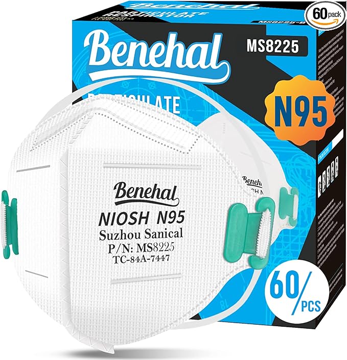 benehal NIOSH Approved N95 Mask Particulate Respirators, Pack of 60 N95 Face Masks, Individually Wrapped,White