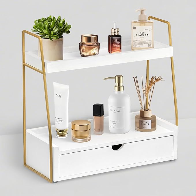2-Tier Bathroom Organizer Countertop with Drawer, Wood Counter Organizer for Bathroom Decor, Sink Shelf for Vanity Storage, Makeup Tray for Perfume Skincare, Spice Rack Bedroom Kitchen Corner