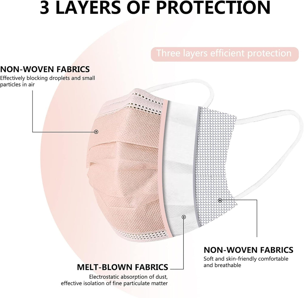 akgk Disposable Face Masks 100Pcs, 3 Layer Protective Face Mask Blush Pink Face Masks