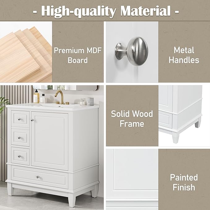 30" Bathroom Vanity with Sink, Harper & Bright Designs Free Standing Single Vanity Set with 3 Drawers and One Door with Storage Racks, Solid Wood Storage Cabinet with Ceramic Basin for Bathroom, White