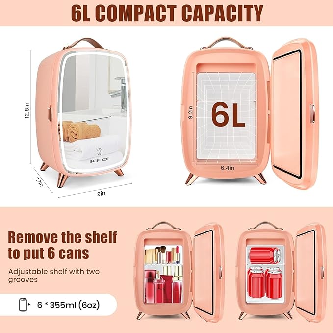 KFO Mini Skincare Fridge 6L – Beauty Fridge with Mirror & 3-Mode LED Light, Portable Cosmetic Cooler for Makeup Serums Creams, 43°F Cooling 20dB Quiet, Small Fridge for Bedroom Bathroom Office
