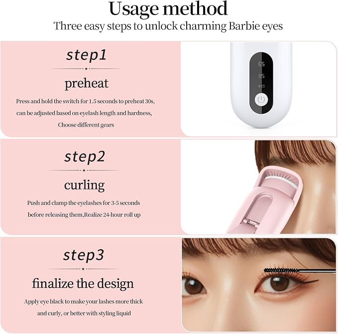 Hsenowi Heated Eyelash Curler for Natural Lashes 2 Level Adjustable Temperature Mini Electric Lash Curler Fast 3 Second Heat Up 24 Hours Long Lasting Curl (WhiteBlue)