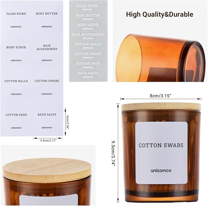 unisence Glass Qtip Holder 2 Pack , Qtip Holder Dispenser Bathroom Set Bathroom Organizers and Storage Q tip Holder with Lid Makeup Storage Organizer for Cotton Swabs,Cotton Balls,Pads ,Amber