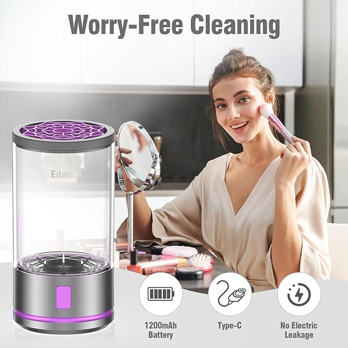 EITABEL Makeup Brush Cleaner Machine, 2 in 1 Makeup Brush Cleanser & Washer, 7000 RPM High-Speed Deep Cleaning, Portable Automatic Cosmetic Brush Cleaner for Foundation Brush Sponge, Gray