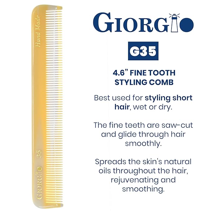 Giorgio G35 Handmade Fine Tooth Comb for Men, Mustache and Beard Comb for Everyday Grooming or Styling Hair, Saw Cut and Hand Polished (4.6")