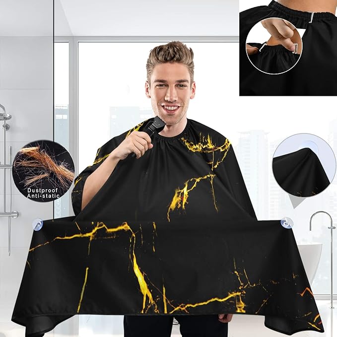 visesunny Gold Vein Black Pattern Barber Cape Anti-Static Hair Cutting Cape with Snap Closure Professional Salon Polyester Beard Shaving Bib Water-Resistant Hairdressing Cape Adjustable Snap