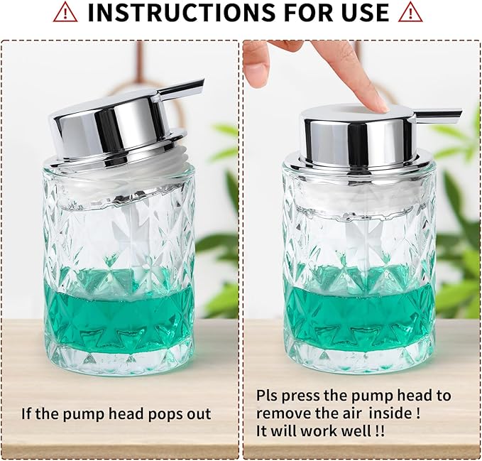 Bathroom Glass Soap Dispenser with Durable Rust-Proof Plastic Liquid Pump Hand Lotion Dispenser Antislip Shampoo Kitchen 10oz 2 Pack