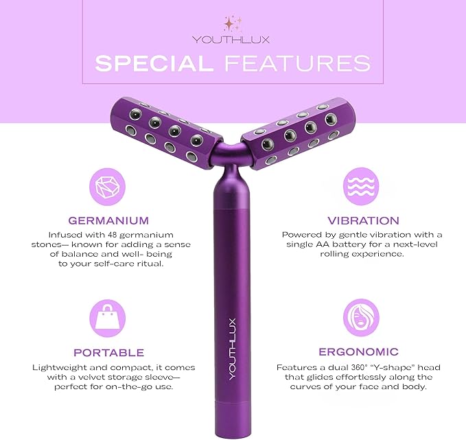 YOUTHLUX Revolution Roller - Germanium Stone Uplifting Beauty Facial Massage Tool/Wand Face Roller for Skin Tightening/Firming, De-Puffing, Anti-Aging (Purple)