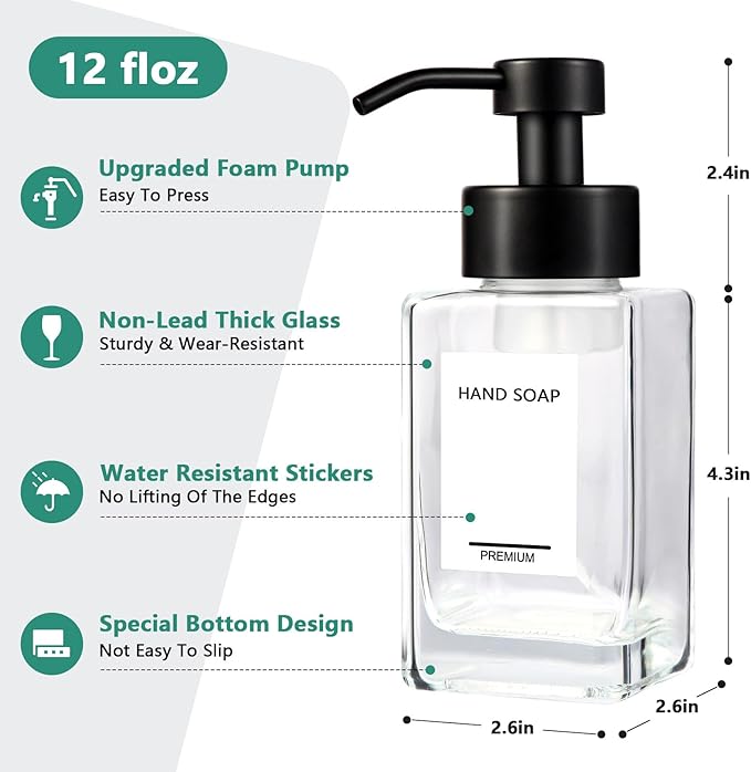 PLOUTA HOME Foaming Soap Dispenser 2 Pack, 12oz/350ml Glass Foaming Hand Soap Dispenser Set with Stainless Steel Pump, Square Refillable Foam Pump Bottles for Bathroom&Kitchen,Includes 6 Labels