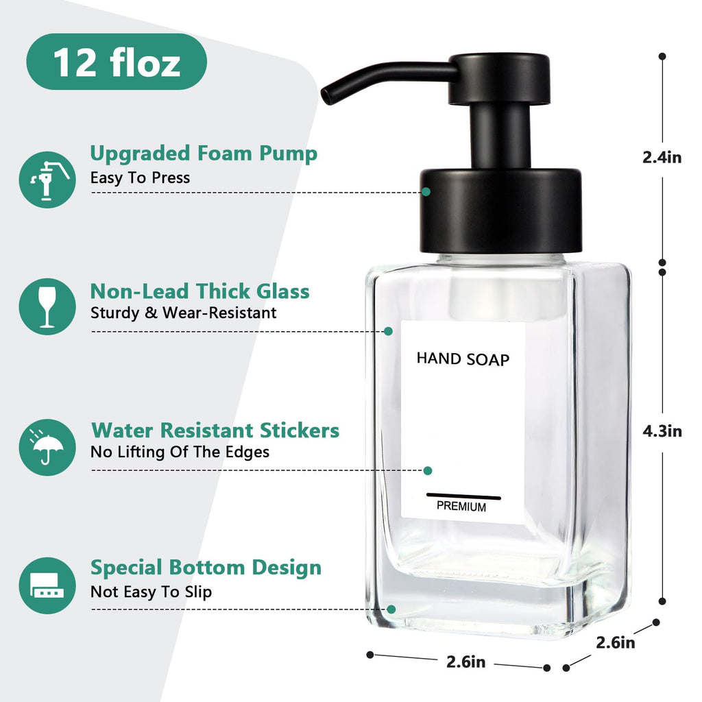 PLOUTA HOME Foaming Soap Dispenser 2 Pack, 12oz/350ml Glass Foaming Hand Soap Dispenser Set with Stainless Steel Pump, Square Refillable Foam Pump Bottles for Bathroom&Kitchen,Includes 6 Labels