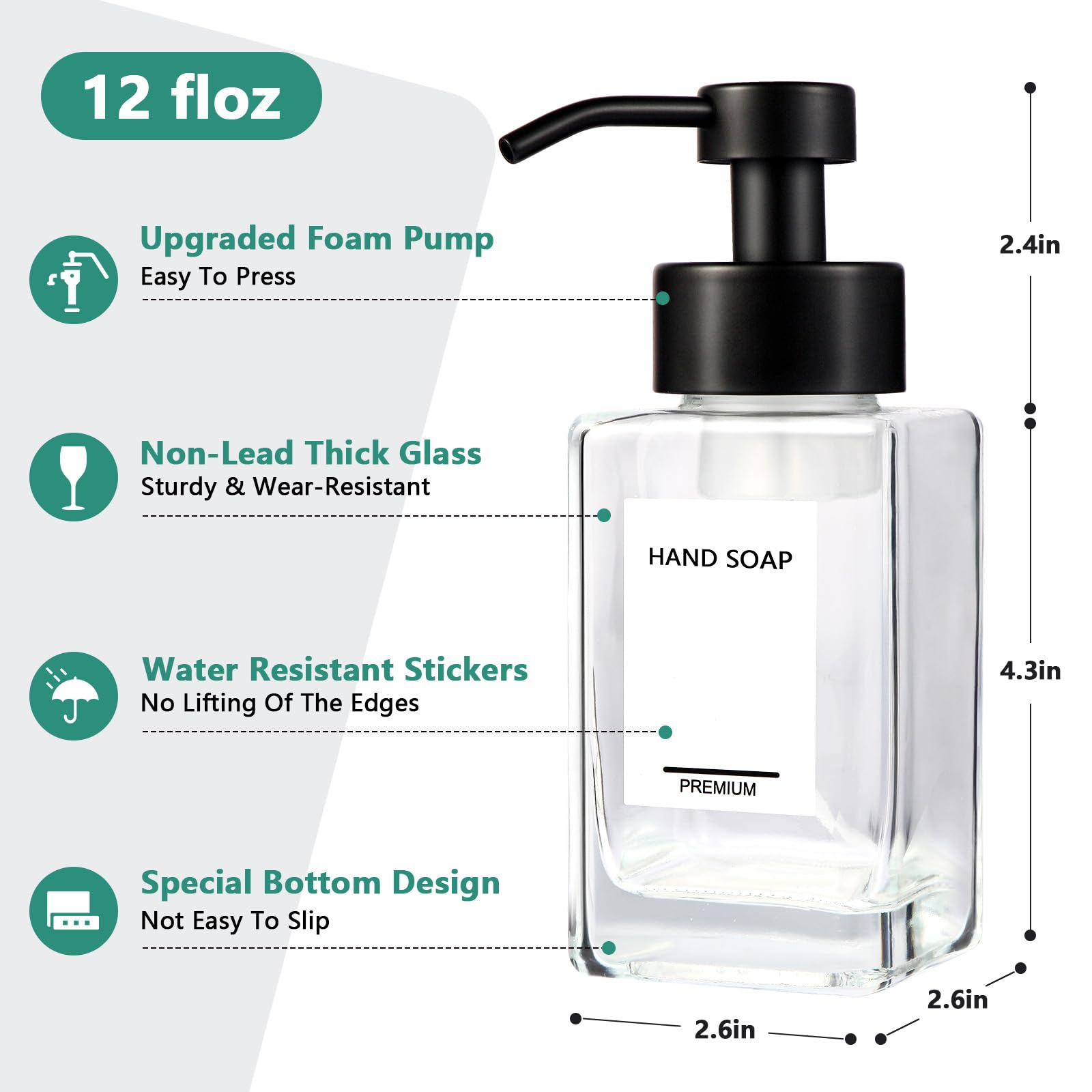 PLOUTA HOME Foaming Soap Dispenser 2 Pack, 12oz/350ml Glass Foaming Hand Soap Dispenser Set with Stainless Steel Pump, Square Refillable Foam Pump Bottles for Bathroom&Kitchen,Includes 6 Labels