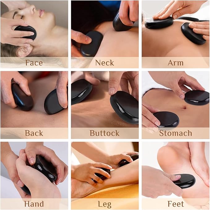 HDYAR 7 Pieces Hot Stones Massage Set - 6 Large Oval Massage Stones for Body Massage and 1 Heart-Shaped Basalt Stone Gua Sha Tool for Face Hot Rocks for Home Spa, Relaxing, Pain Relief
