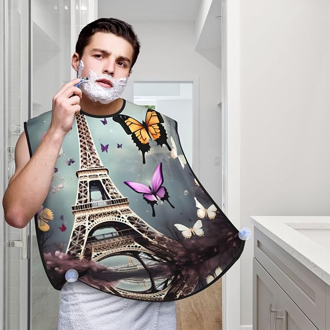 Romantic Paris Butterfly Eiffel Print Beard Bib Apron For Men, Beard Hair Catcher For Men Shaving Trimming,Beard Cape Cloth