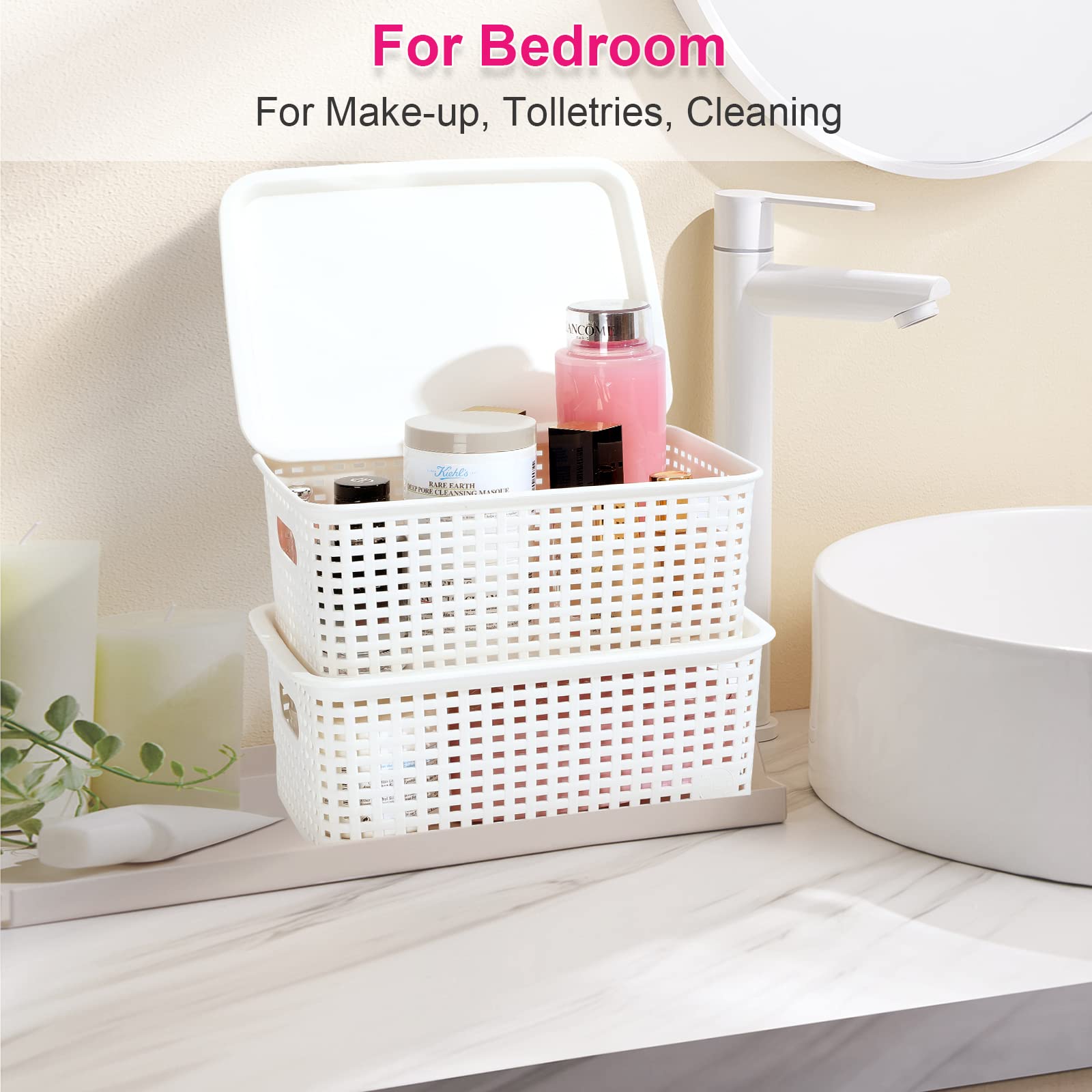 AREYZIN Plastic Storage Baskets With Lid Organizing Container Lidded Knit Storage Organizer Bins for Shelves Drawers Desktop Closet Playroom Classroom Office, White, 6 Pack