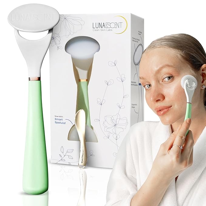 LUNAESCENT Serum Applicator for Face with Spatula, Meadow Green Reusable Skincare Tool for Serums, Oils, Sunscreen, Makeup, Creams and Medicated Ointments, Cooling and Warming Face Massager Tool