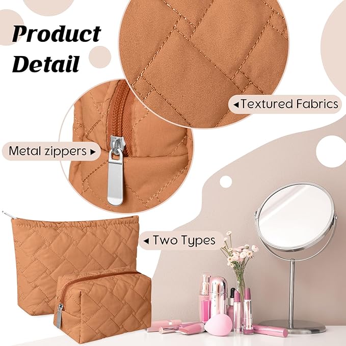2 Pc Christmas Gift Makeup Bag Set Cute Quilted Cosmetic Pouch for Women Travel Toiletry Bag Preppy Small Makeup Purse Pouch Skincare Brushes Storage Organizer Pencil Case Set(Brown)