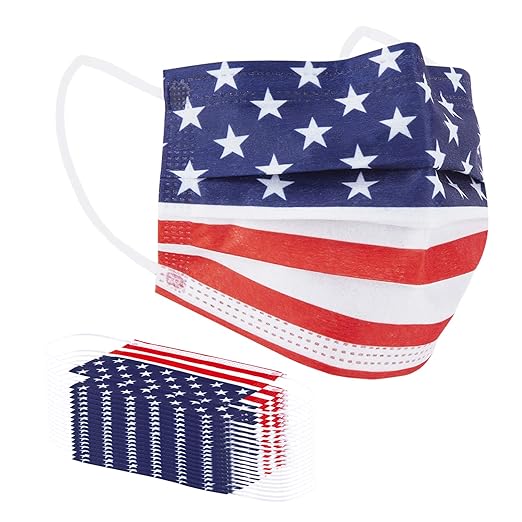 Borje Disposable Face Masks with Designs Patriotic Cute Face Mask 3 Ply USA Flag Print 50 Pcs