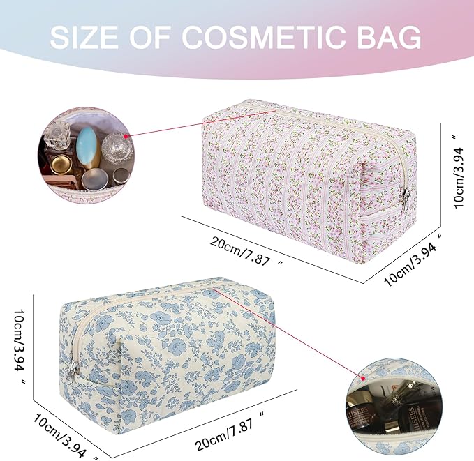Gosect 2 Pack Floral Makeup Bag, Cute Cosmetic Bag for Women Girls, Quilted Cotton Make up Pouch, Travel Makeup Bags, Portable Storage Toiletry Organizer Bag(Pink+Blue Floral)