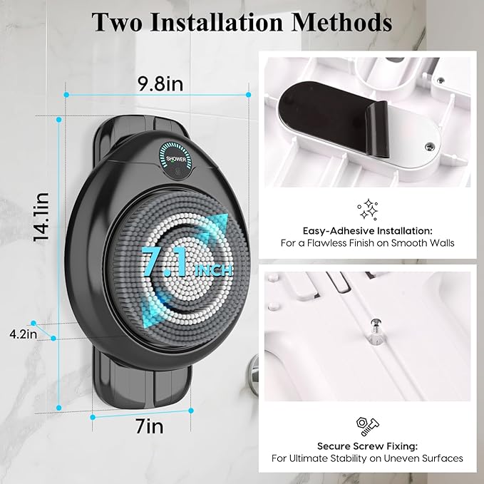 Electric Back Scrubber for Shower - Wall Mounted Exfoliating Brush, Hands-Free Automatic Body Scrubber, IPX7 Waterproof, 3-Speed Adjustment, 3 Replaceable Heads with 50pcs Disposable Shower Caps-Black