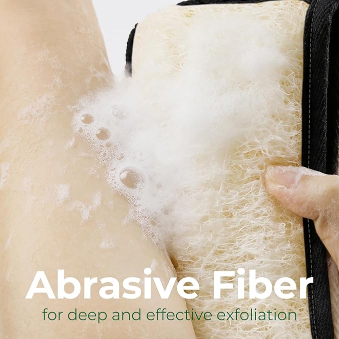 Natural Loofah Back Scrubber, Double-Sided Exfoliating Body Scrubber with Handy Strap for Deep Cleaning, Durable Bath Shower Luffa Sponges for Men and Women (Black)