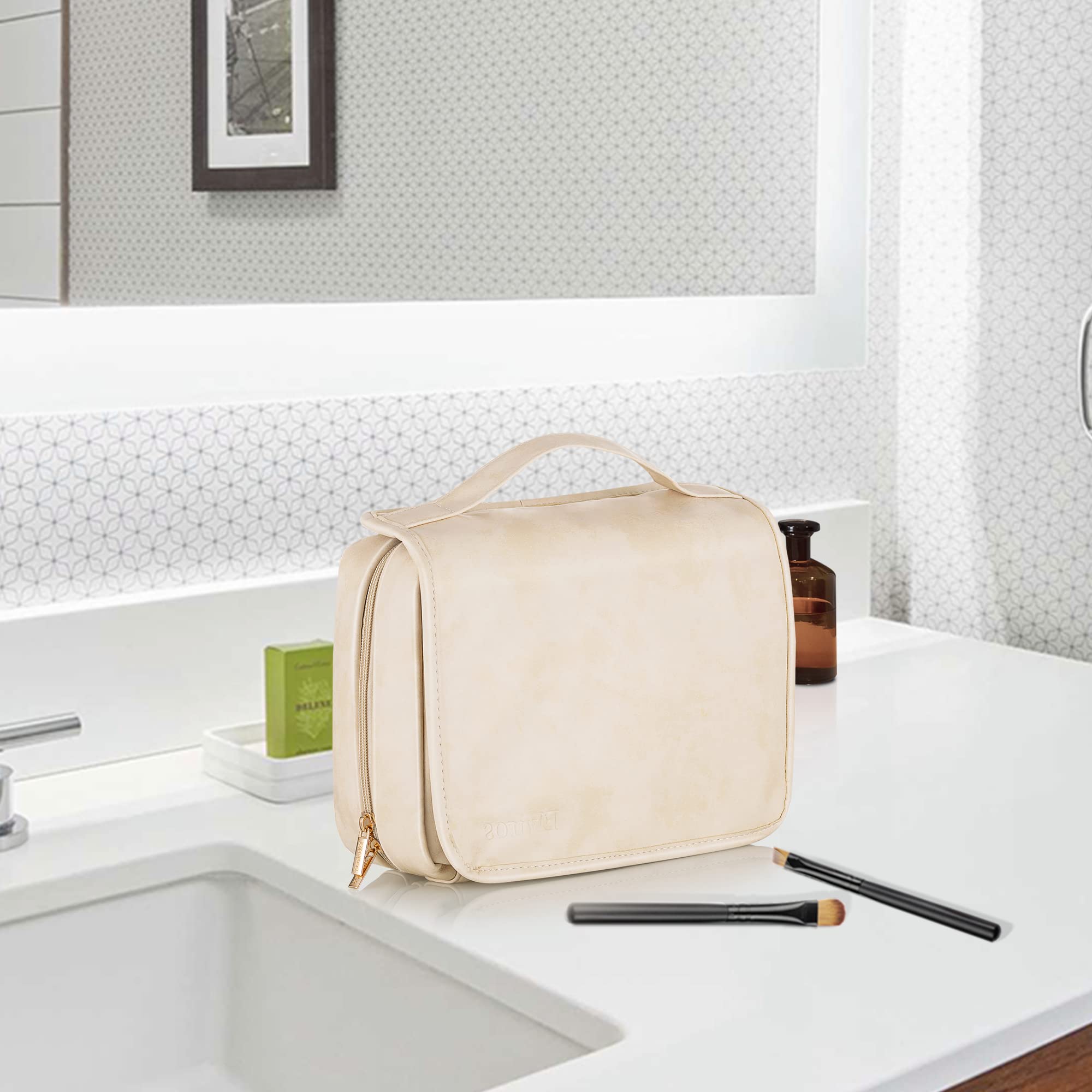 Elviros Hanging Travel Toiletry Bag for Women Vegan Leather (Beige)