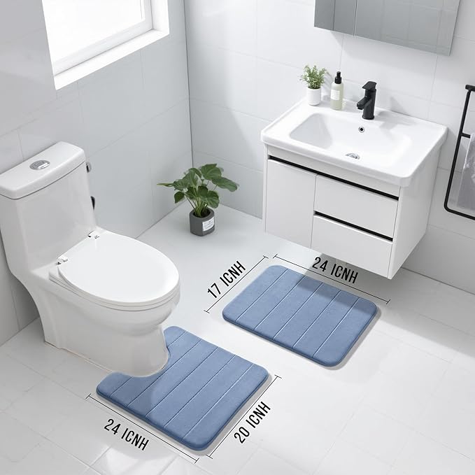 Yimobra U-Shaped Toilet Bath Mat Set 2 Piece - Soft Absorbent Quick Dry Memory Foam Bathroom Rugs, Machine Washable Non Slip Floor Carpet for Tub Shower & Single Sink (17x24 & 24x20, Denim Blue)