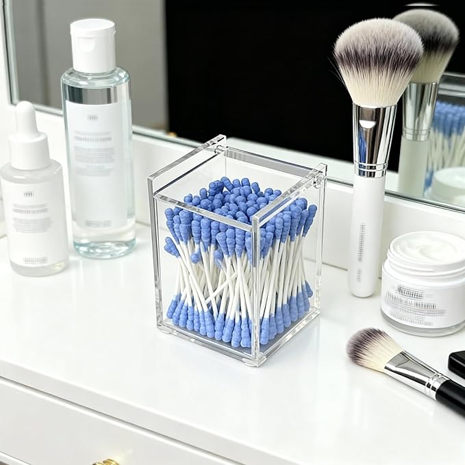 Dealpoli Clear Acrylic Qtip Holder with Lid, Cotton Balls Swab Organizer, 2.95" x 2.56" x 3.94" Dispenser for Makeup Pad, Floss Picks, Bath Salts, Cosmetic Storage Case, Home Bathroom Decor (DP058)