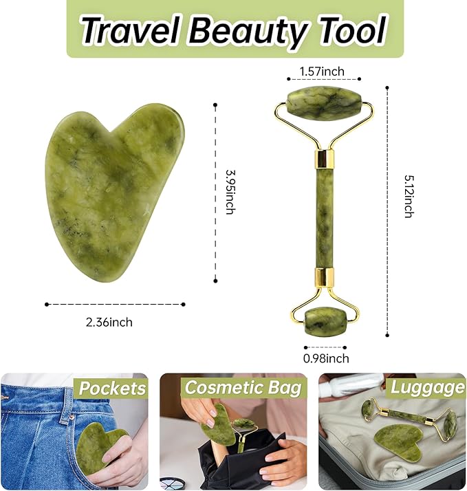 Olaemuo Jade Gua Sha and Face Roller, Real Jade Gua-Sha Stone Facial Tools Set for Reduce Puffiness, Body Guasha Tool for Relieve Neck Tension, Skincare Beauty Massager as Present for Women, Green